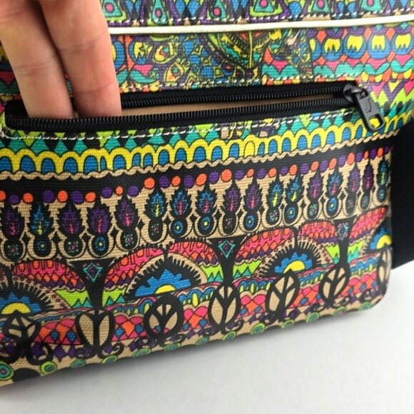 Sakroots Crossbody Medium Bag Coated Canvas Boho Art-To-Wear Multi Color Neon - Picture 7 of 16